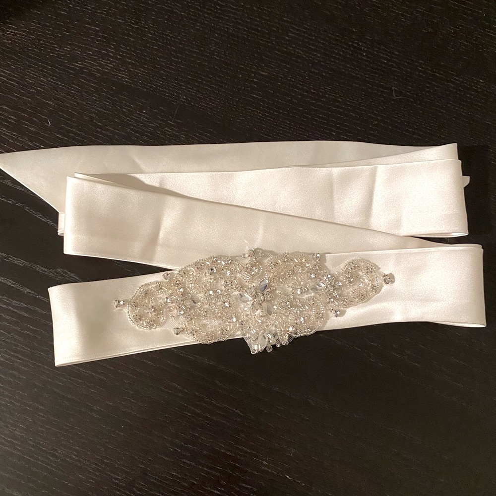 White bridal sash, satin. 1.5” crystal, beading